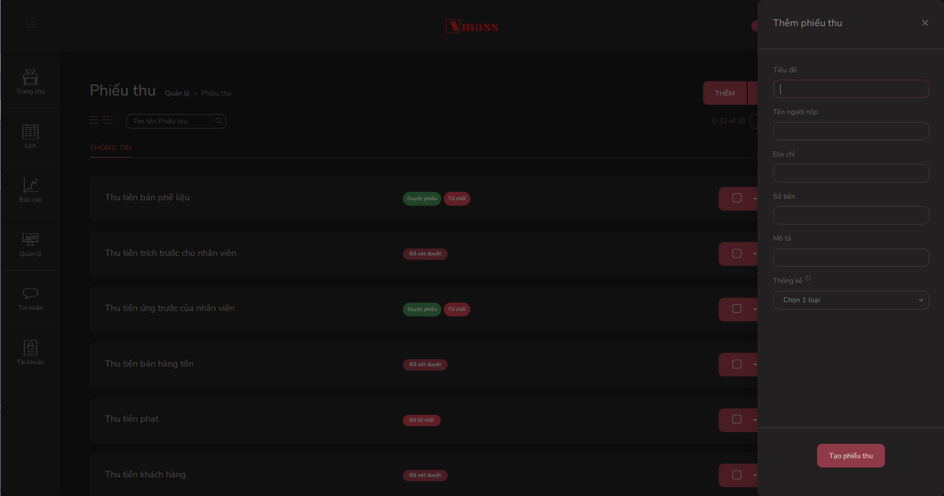 Chức năng tạo mới phiếu thu