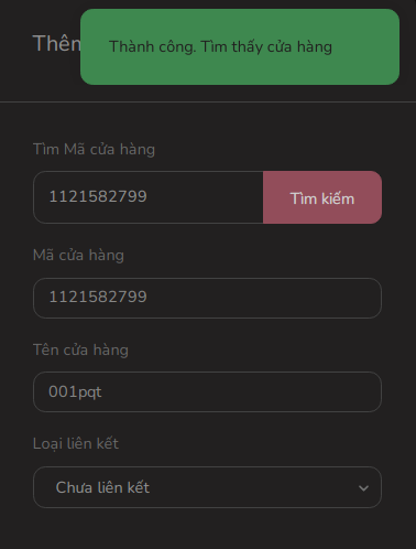 Tìm mã cửa hàng thành công