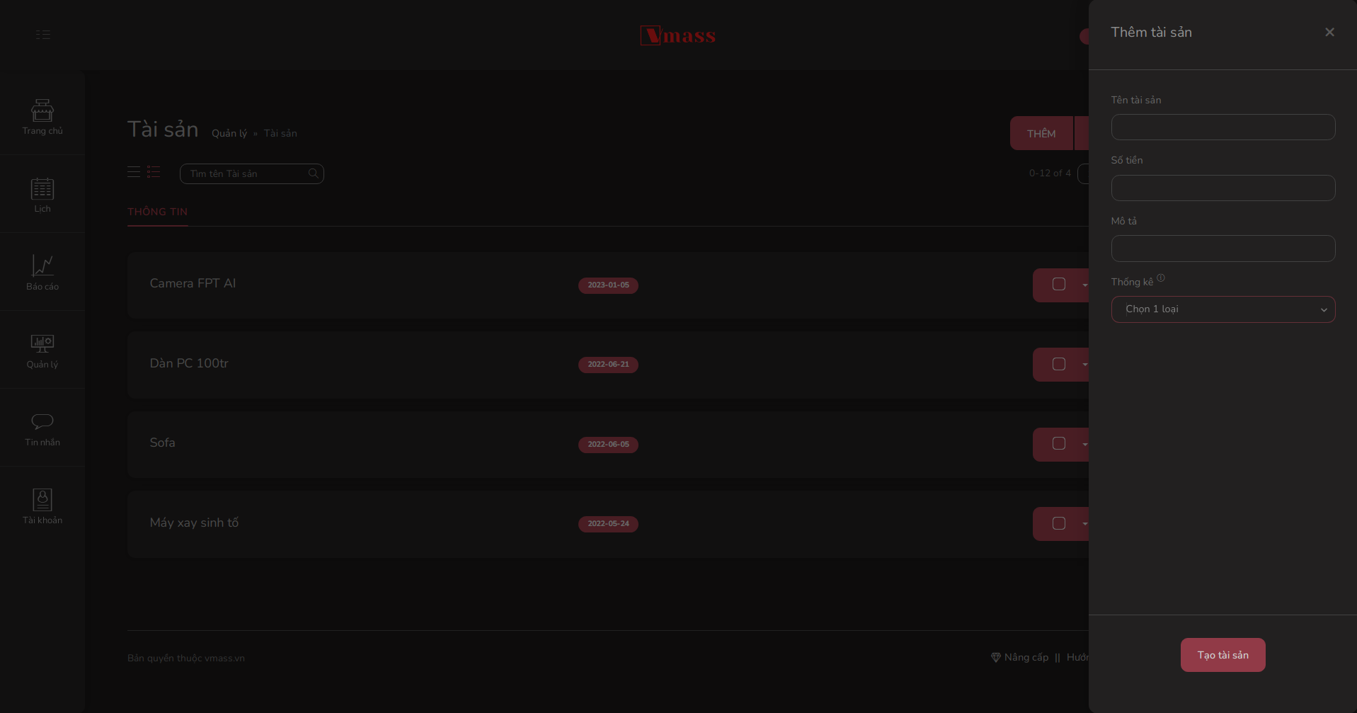 Chức năng tạo mới tài sản